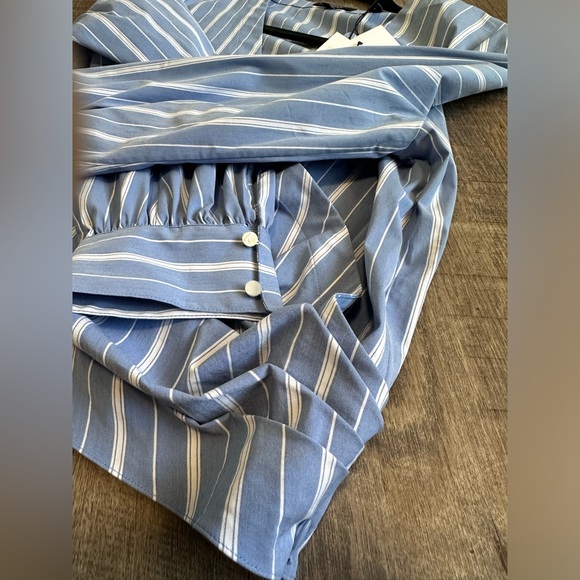 Theory Quincy Striped Faux Wrap Long-Sleeve Top - Blue & White Striped - Large - Picture 14 of 17